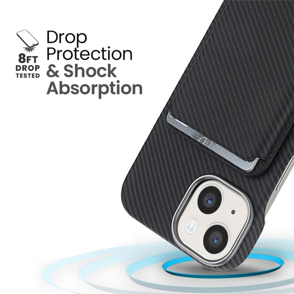 For iPhone 15 Magnetic Case with Detachable Card Holder Carbon Fiber Texture Leather + PC Phone Cover