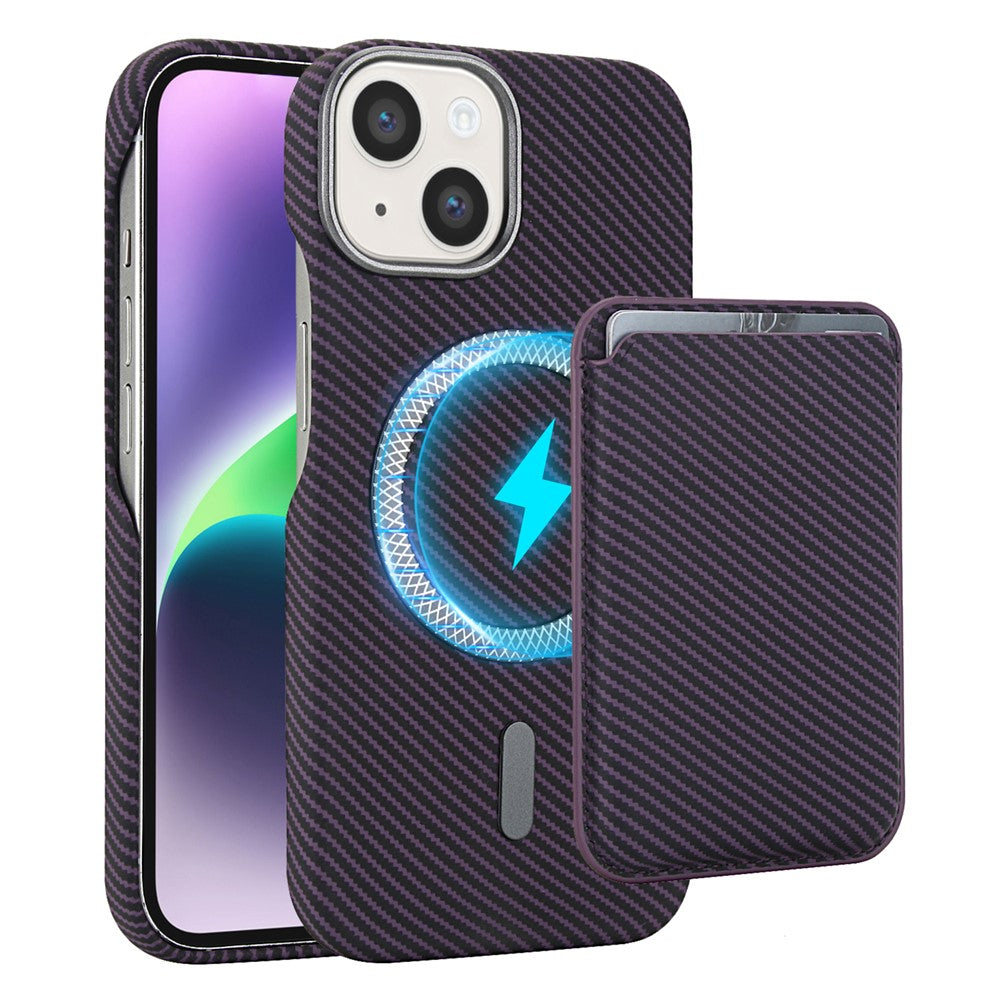Til iPhone 15 Magnetisk Cover med Aftagelig Kortholder Kulfibertekstur Læder + PC Telefoncover
