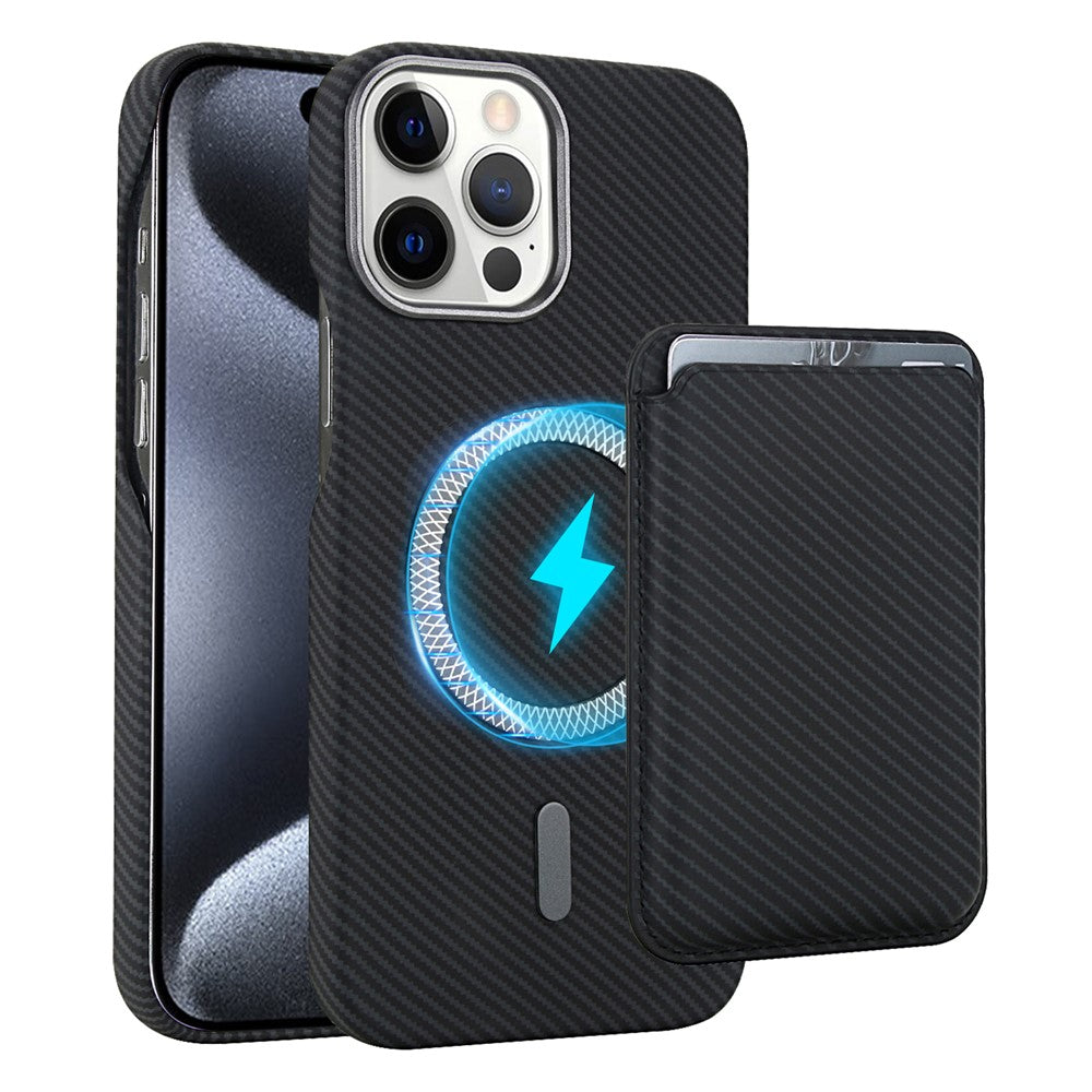 För iPhone 15 Pro Max Magnetiskt skal med avtagbar korthållare Kolfibertextur Läder + PC Telefonfodral