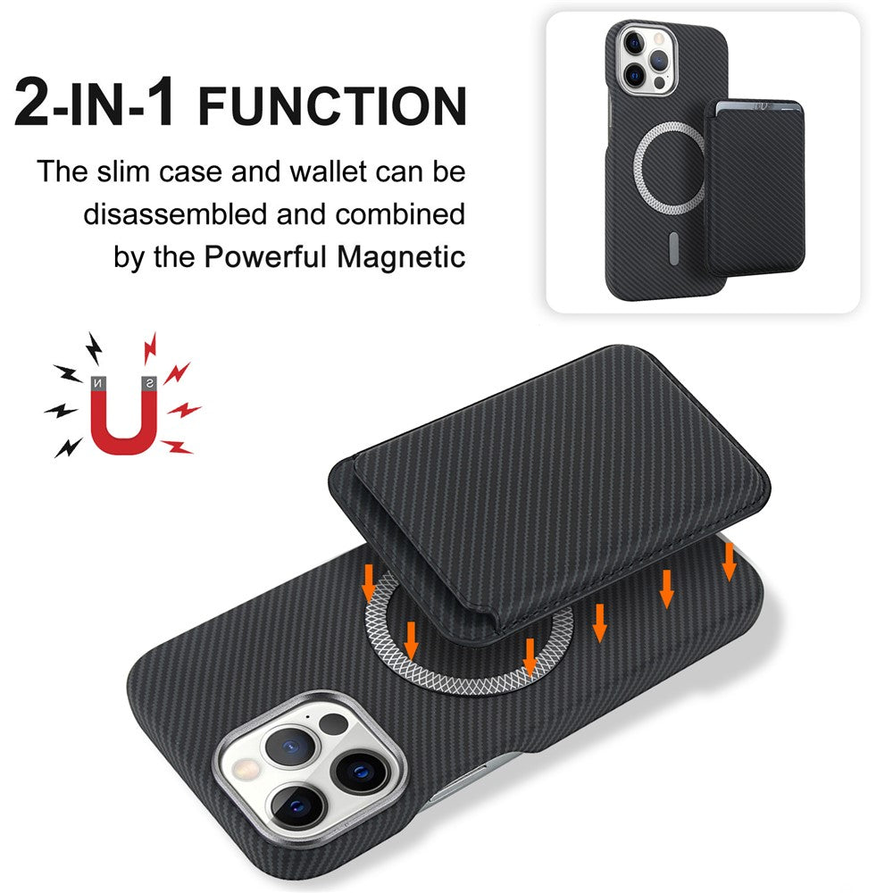 For iPhone 13 Pro Max Magnetic Case with Detachable Card Holder Carbon Fiber Leather + PC Phone Cover