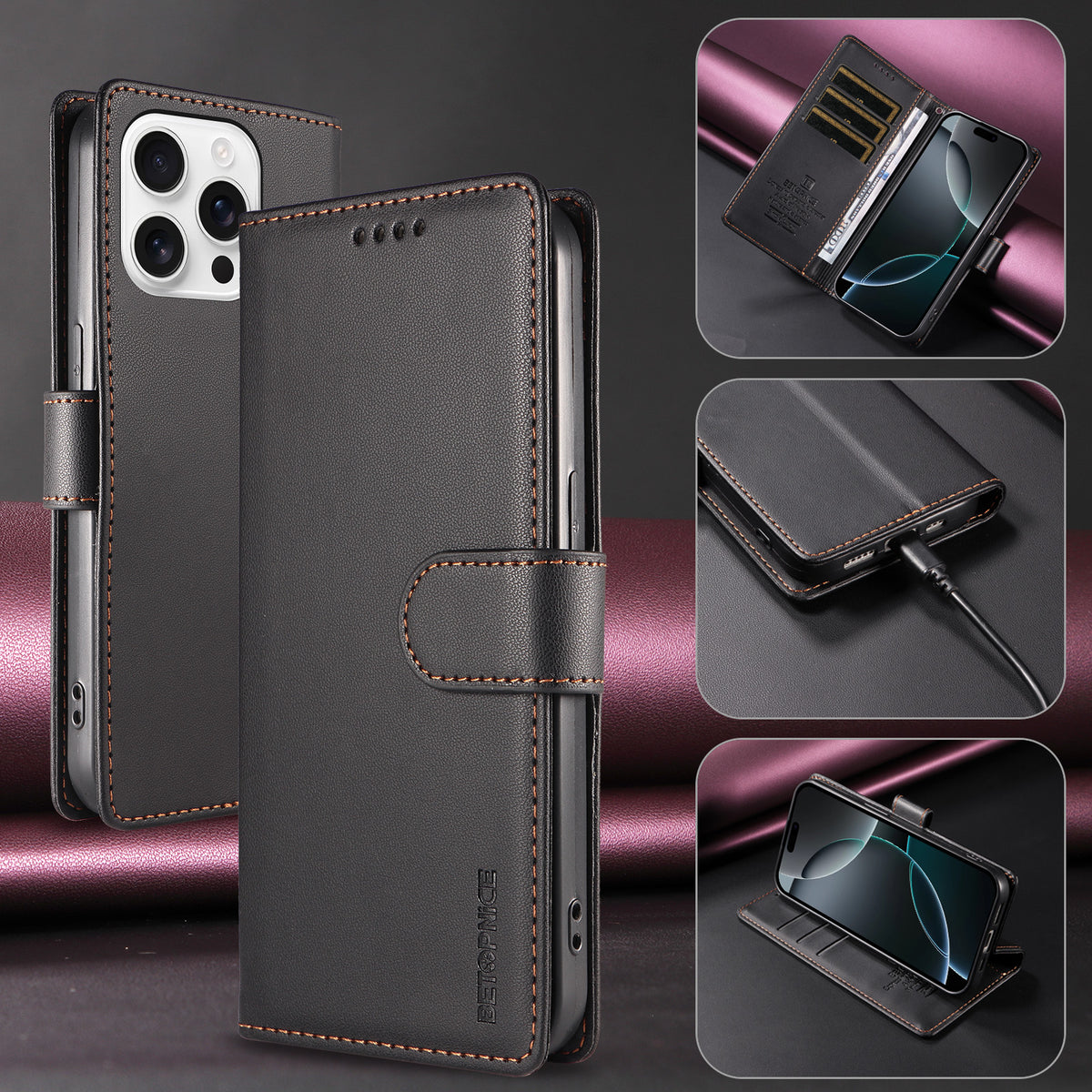 BETOPNICE til iPhone 16 Pro 006 Cover RFID Blokerende Pung Stand Læder Telefoncover med Håndrem