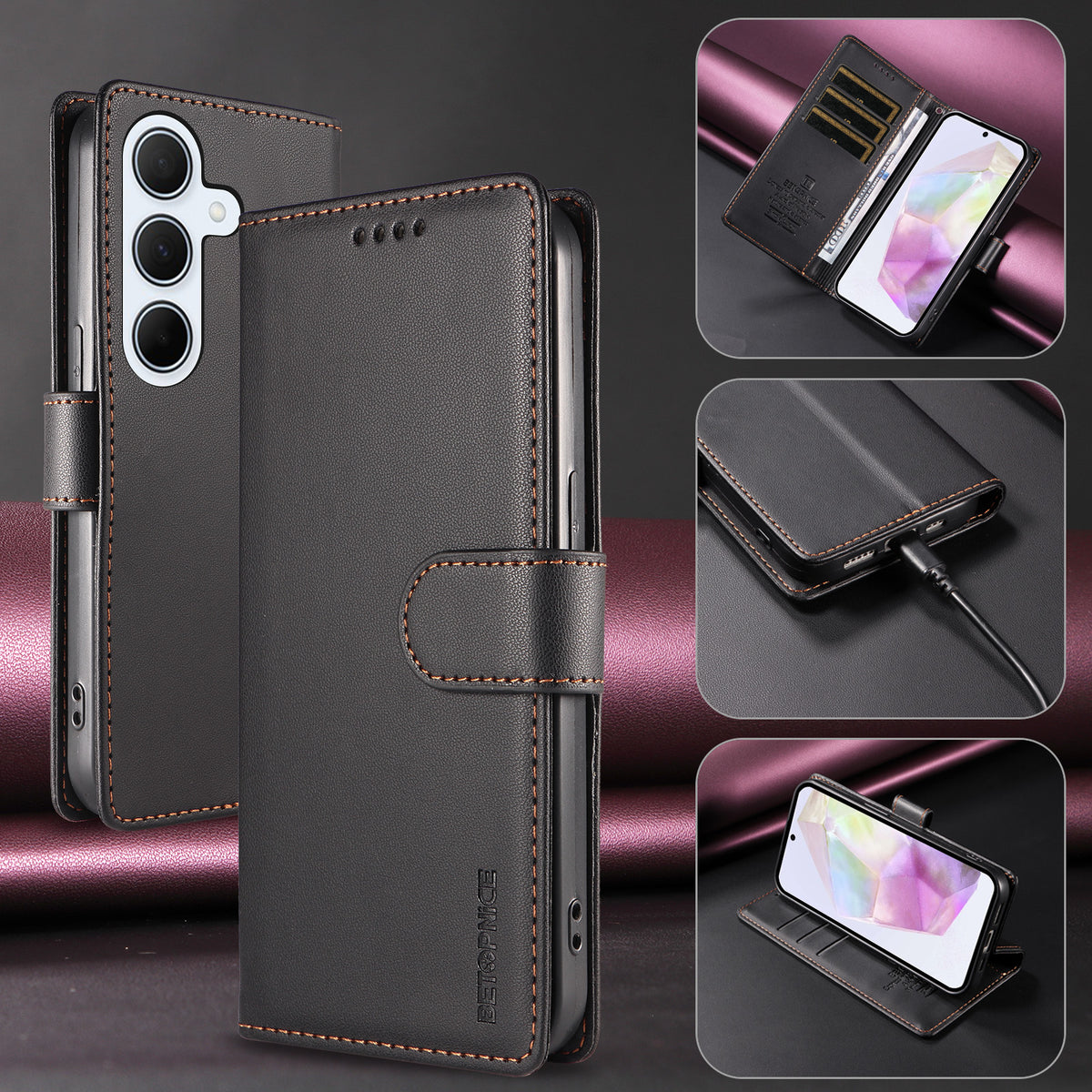 BETOPNICE for Samsung Galaxy A35 5G 006 Case RFID Blocking Wallet Stand Leather Phone Cover with Wrist Strap