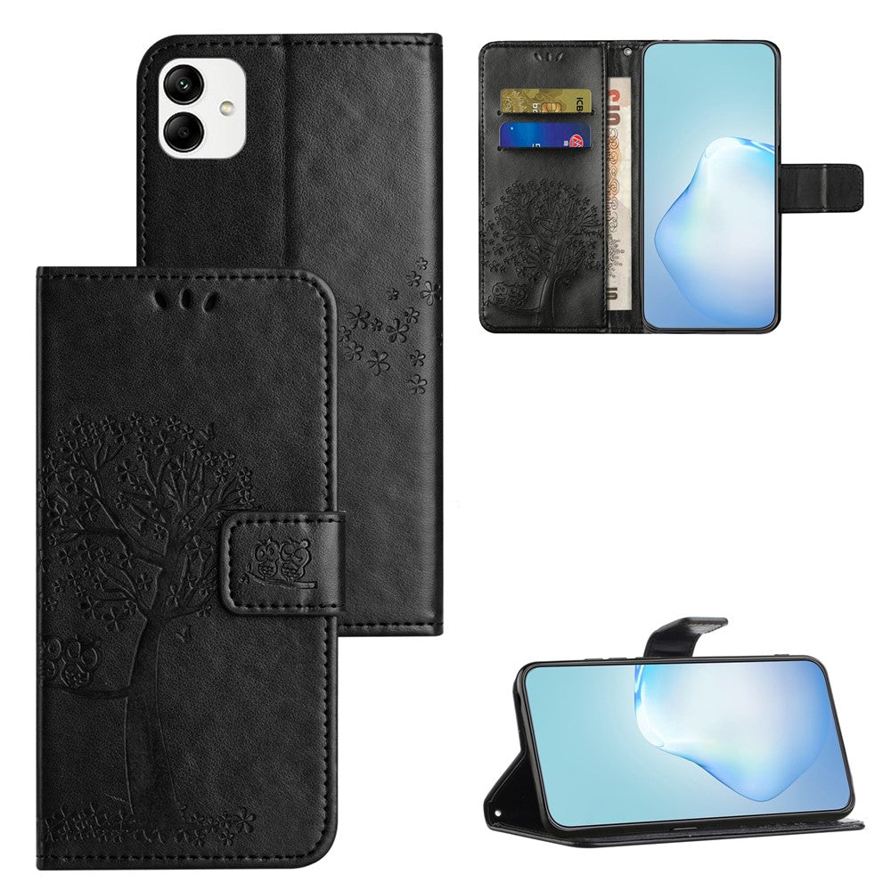 For Samsung Galaxy A04e 4G / F04 4G / M04 4G Imprinted Owl Tree Pattern Anti-scratch PU Leather Wallet Viewing Stand Anti-fingerprint Protective Case