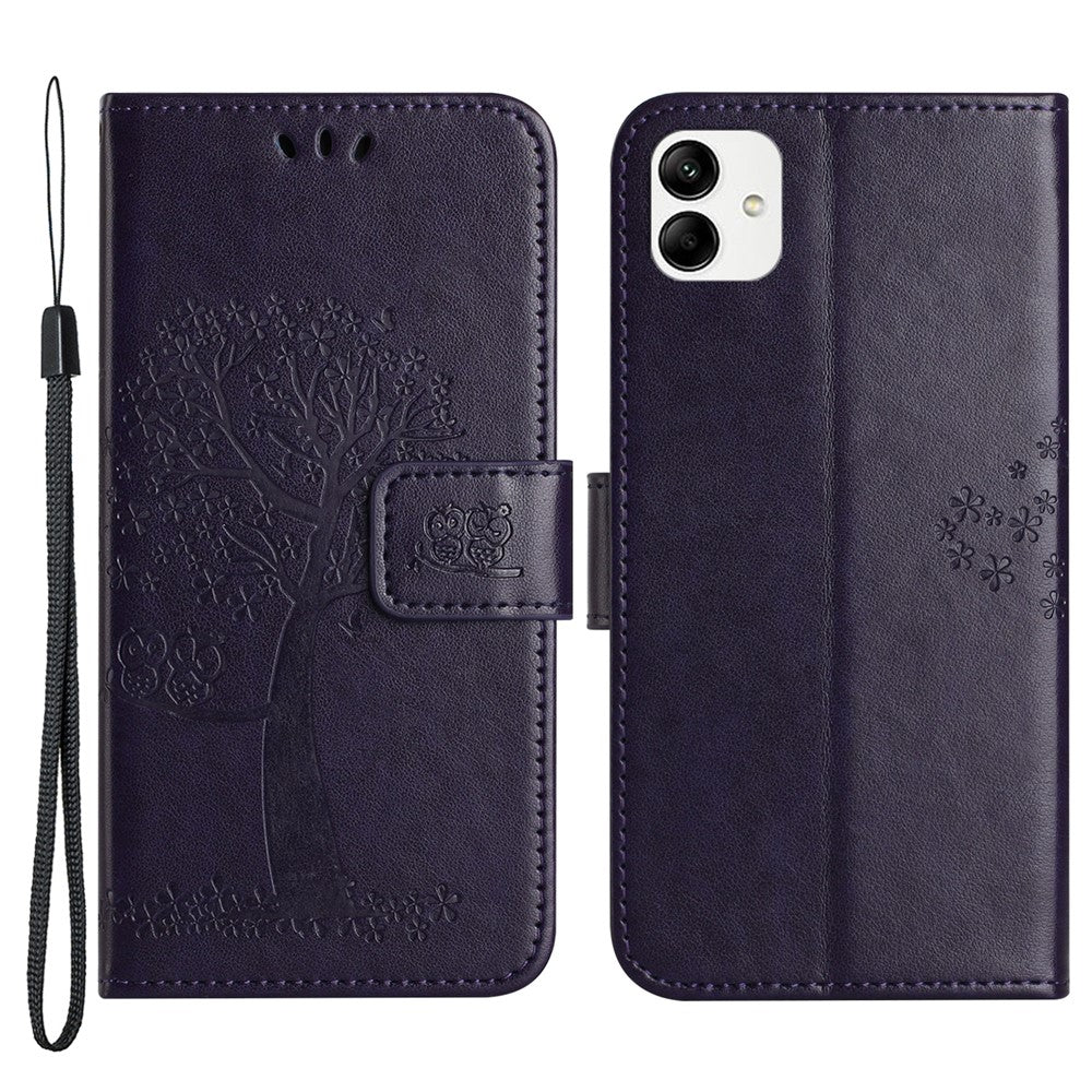 For Samsung Galaxy A04e 4G / F04 4G / M04 4G Imprinted Owl Tree Pattern Anti-scratch PU Leather Wallet Viewing Stand Anti-fingerprint Protective Case