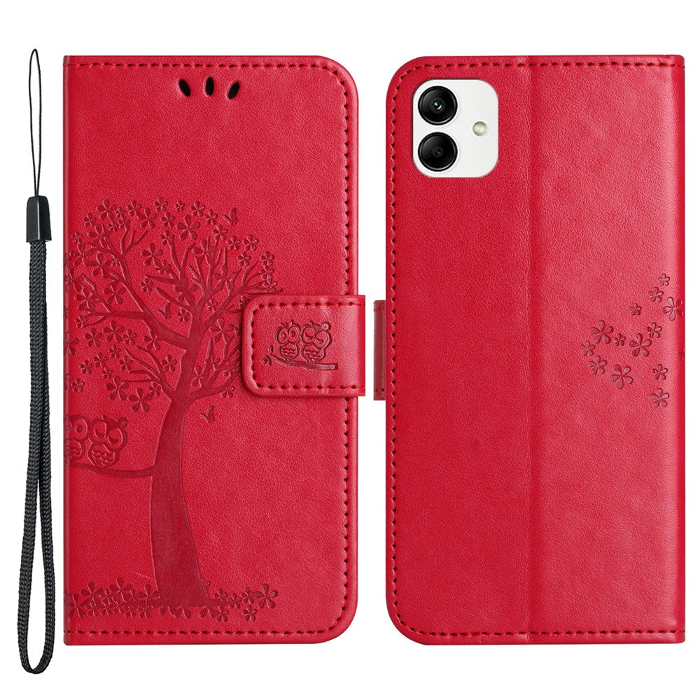For Samsung Galaxy A04e 4G / F04 4G / M04 4G Imprinted Owl Tree Pattern Anti-scratch PU Leather Wallet Viewing Stand Anti-fingerprint Protective Case