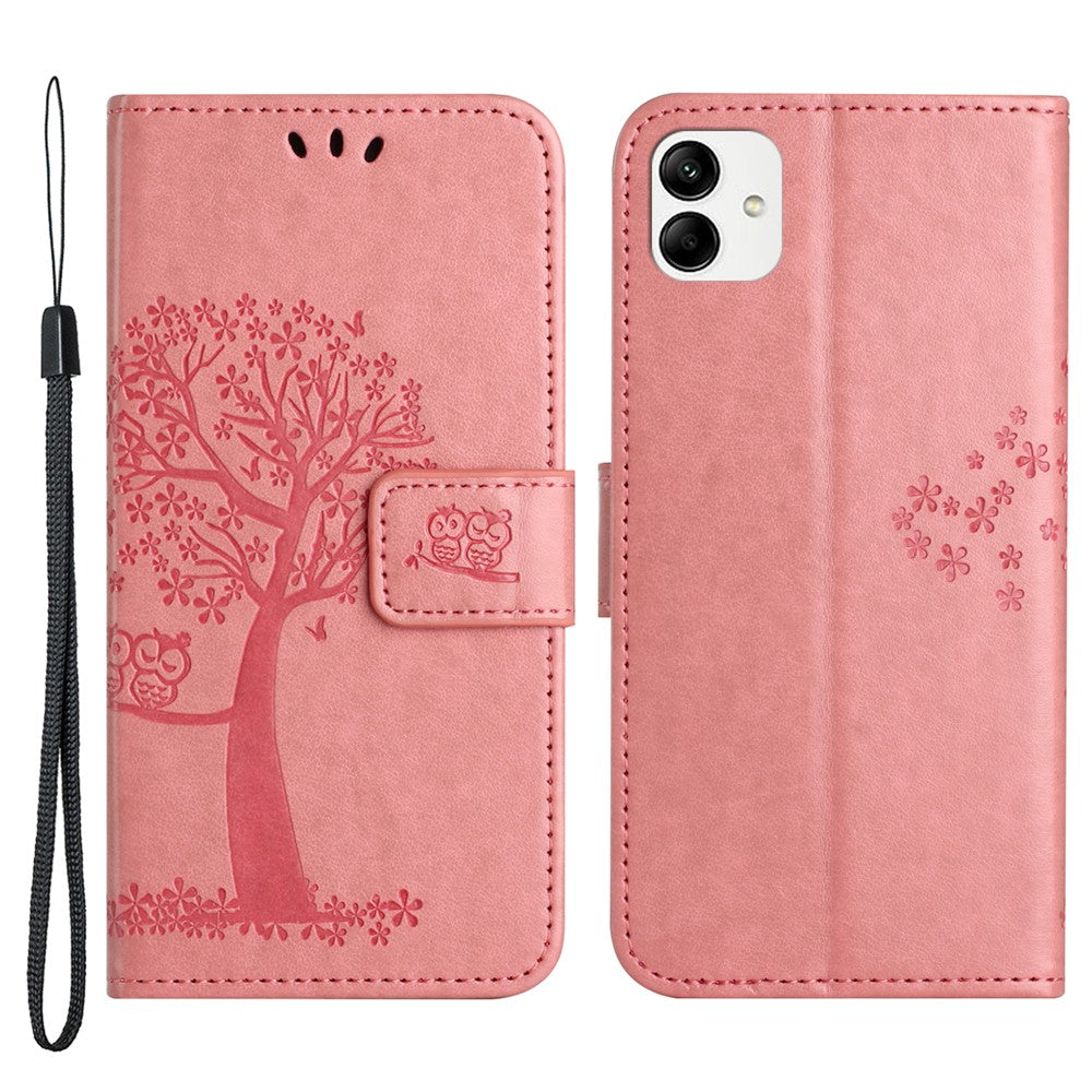 For Samsung Galaxy A04e 4G / F04 4G / M04 4G Imprinted Owl Tree Pattern Anti-scratch PU Leather Wallet Viewing Stand Anti-fingerprint Protective Case