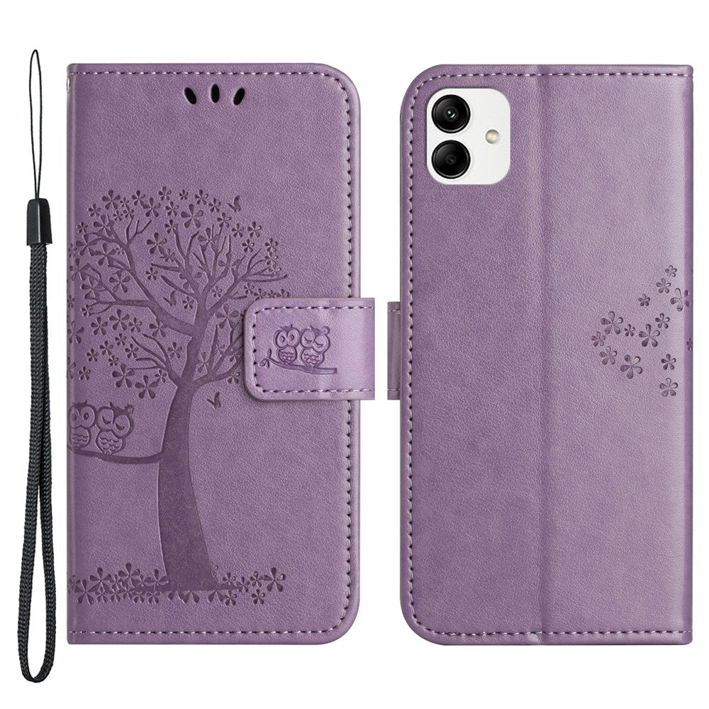 For Samsung Galaxy A04e 4G / F04 4G / M04 4G Imprinted Owl Tree Pattern Anti-scratch PU Leather Wallet Viewing Stand Anti-fingerprint Protective Case