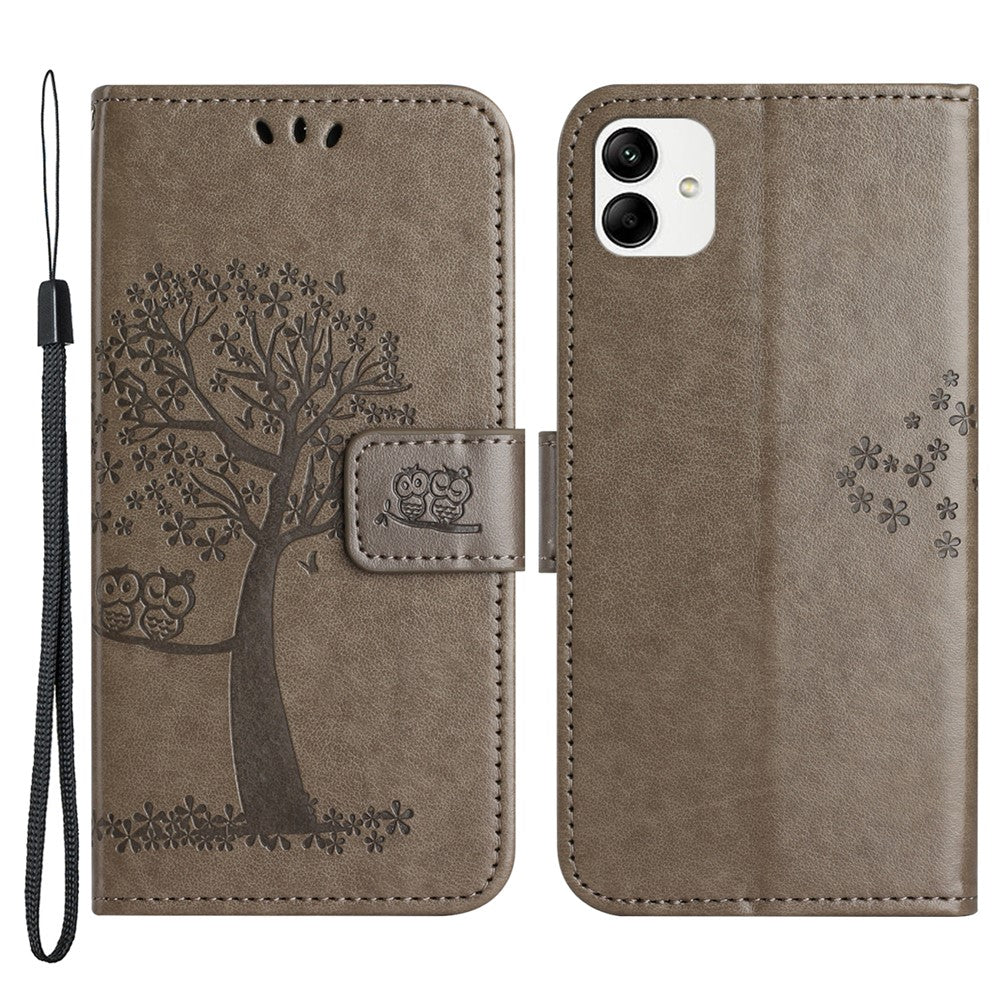For Samsung Galaxy A04e 4G / F04 4G / M04 4G Imprinted Owl Tree Pattern Anti-scratch PU Leather Wallet Viewing Stand Anti-fingerprint Protective Case