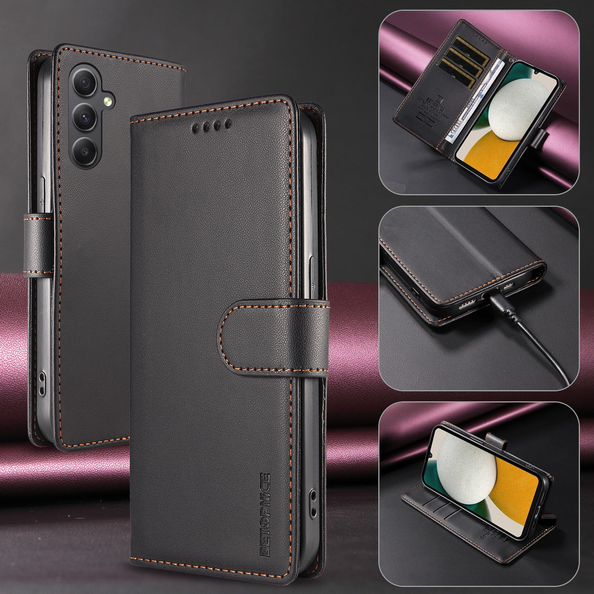 BETOPNICE for Samsung Galaxy A34 5G 006 Case RFID Blocking Wallet Stand Leather Phone Cover with Wrist Strap