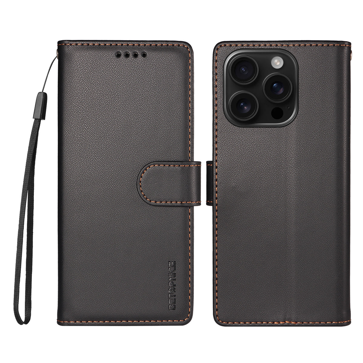 BETOPNICE for iPhone 16 Pro Max 006 Case RFID Blocking Wallet Stand Leather Phone Cover with Wrist Strap