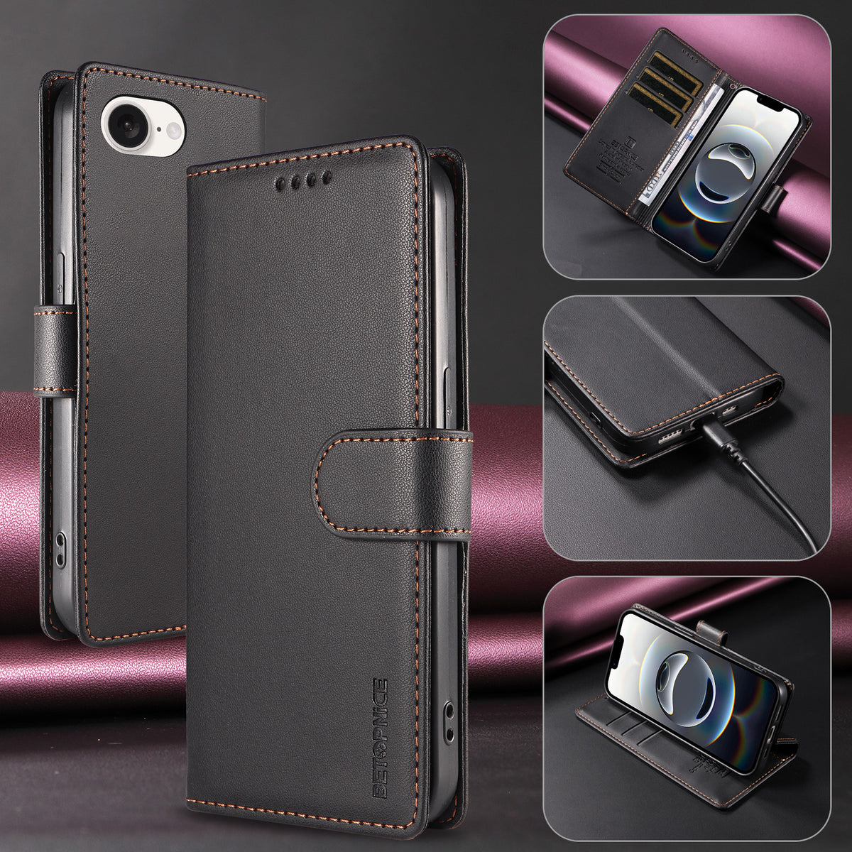 BETOPNICE for iPhone 16e / iPhone 17e 006 Case RFID Blocking Wallet Stand Leather Phone Cover with Wrist Strap