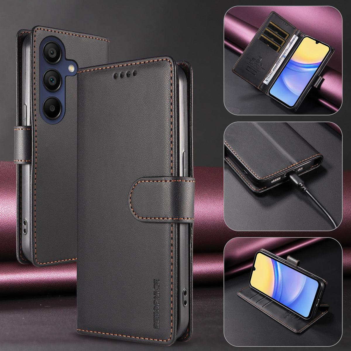 BETOPNICE til Samsung Galaxy A15 5G / Galaxy A15 4G 006 Etui RFID Blokerende Pung Stand Læder Telefoncover med Håndrem