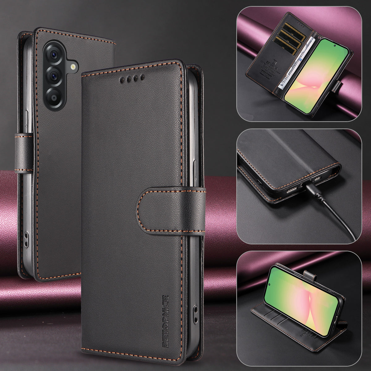BETOPNICE for Samsung Galaxy A56 5G 006 Case RFID Blocking Wallet Stand Leather Phone Cover with Wrist Strap
