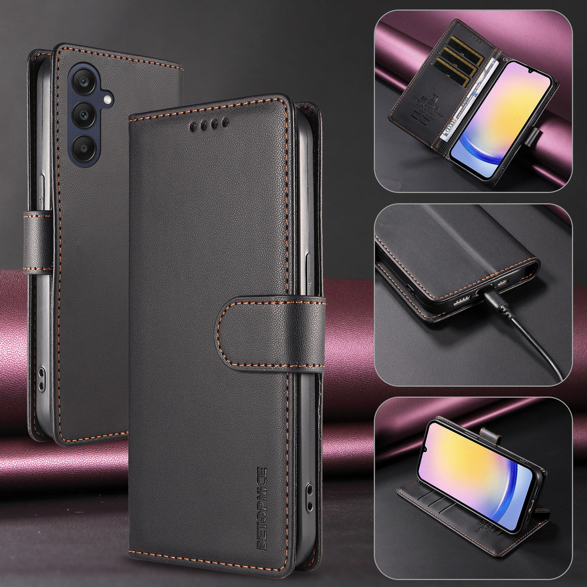 BETOPNICE for Samsung Galaxy A25 5G (Global) (161mm) 006 Case RFID Blocking Wallet Stand Leather Phone Cover with Wrist Strap