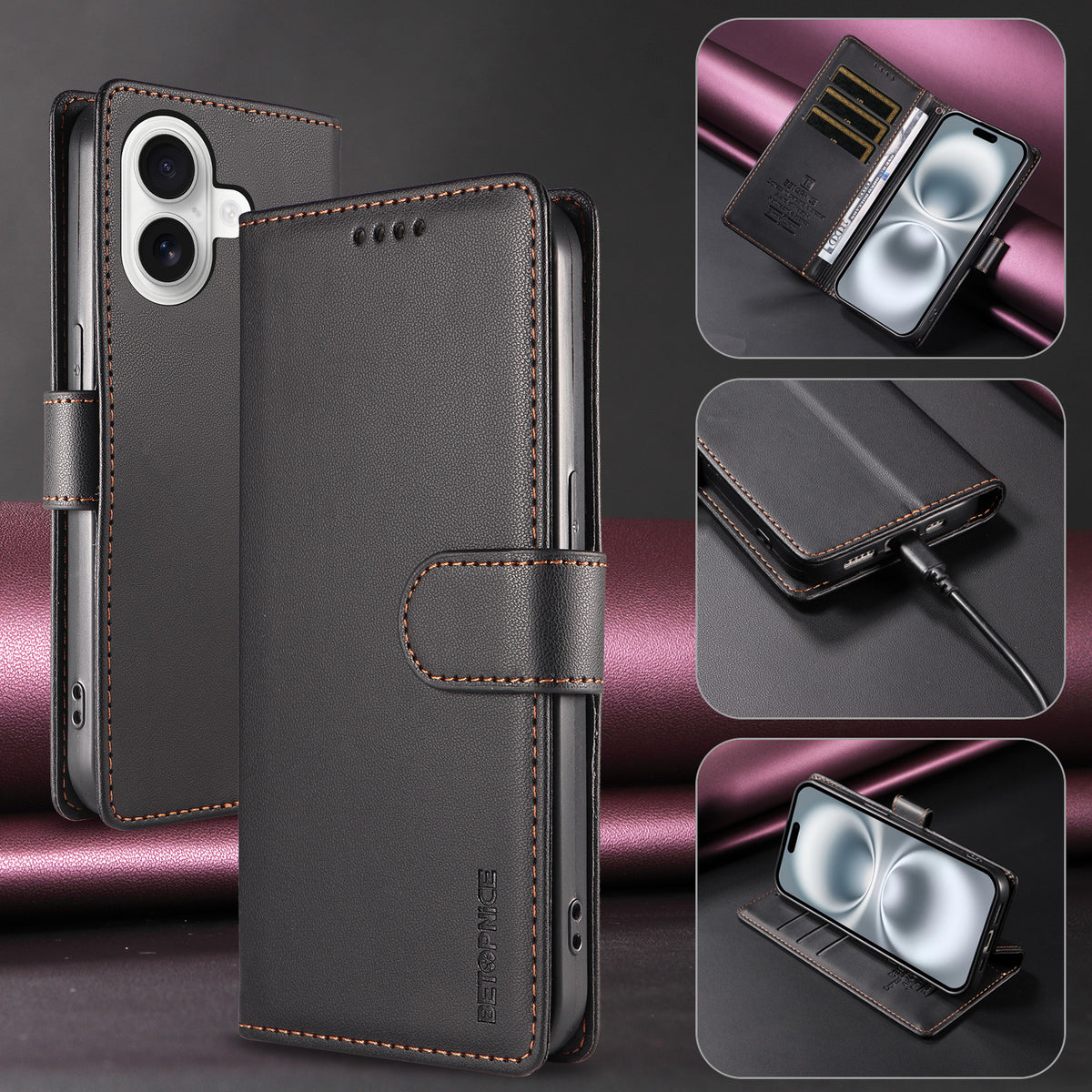 BETOPNICE for iPhone 16 Plus 006 Case RFID Blocking Wallet Stand Leather Phone Cover with Wrist Strap