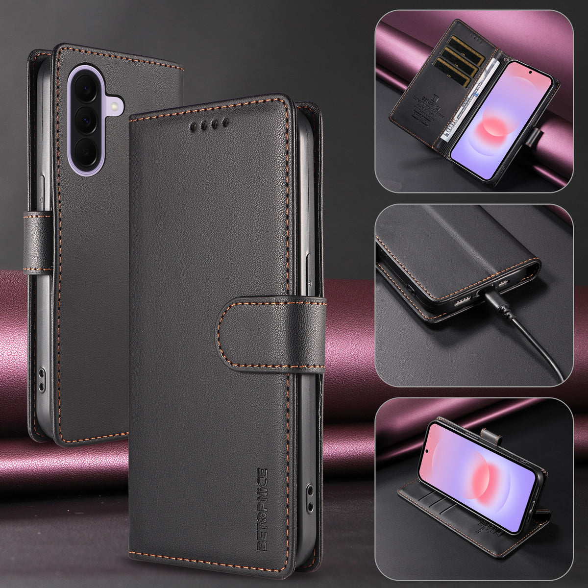 BETOPNICE for Samsung Galaxy A27 5G 006 Case RFID Blocking Wallet Stand Leather Phone Cover with Wrist Strap
