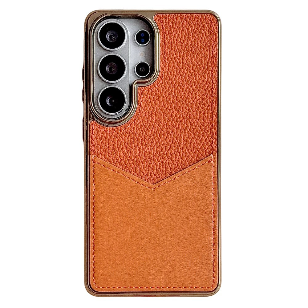 For Samsung Galaxy S25 Ultra Case Leather Coated PC + TPU Anti-Fingerprint Protective Cover with V-Shaped Card Slot