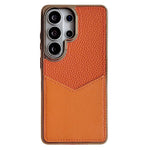 Samsung Galaxy S25 Ultra-etui, læderbeklædt PC + TPU-fingeraftryksafvisende cover med V-formet kortplads