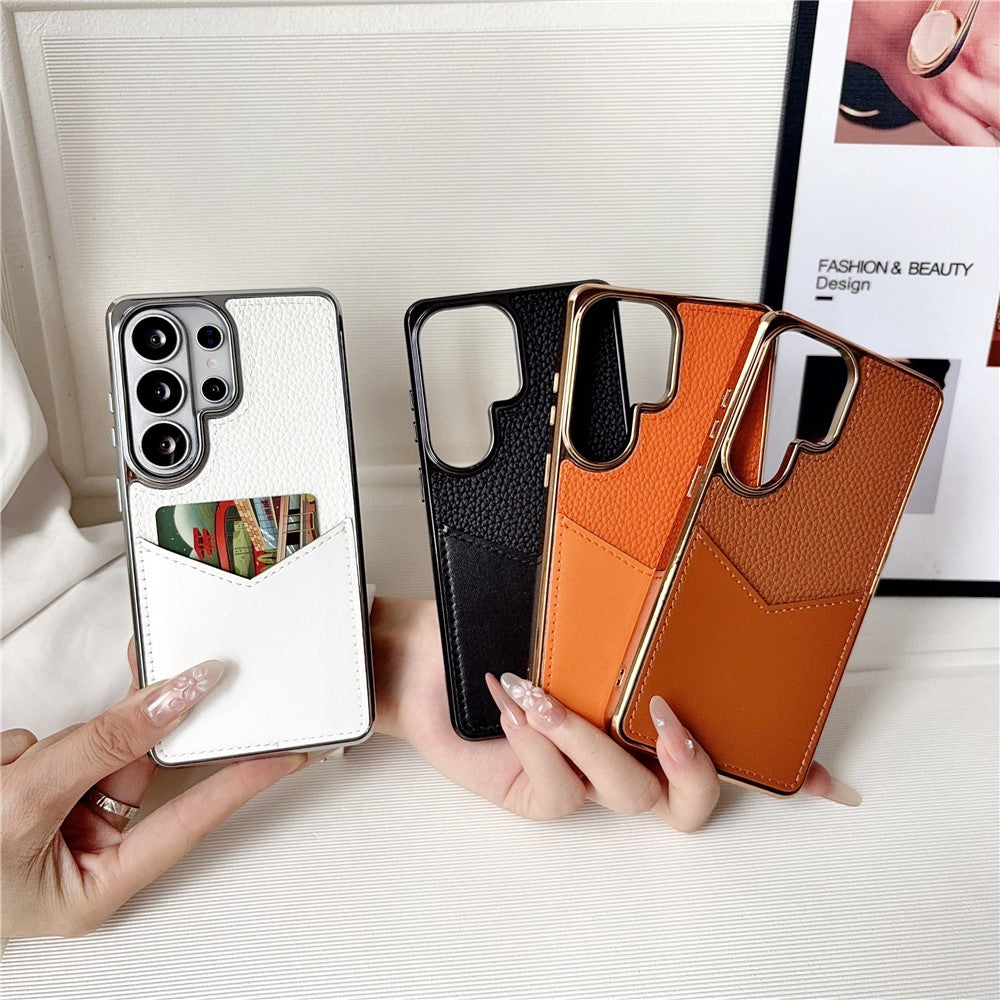 Samsung Galaxy S25 Ultra-etui, læderbeklædt PC + TPU-fingeraftryksafvisende cover med V-formet kortplads