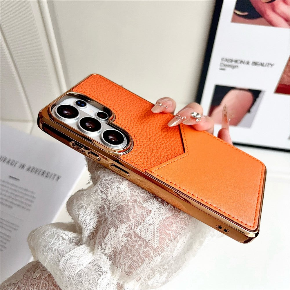 Samsung Galaxy S25 Ultra-etui, læderbeklædt PC + TPU-fingeraftryksafvisende cover med V-formet kortplads