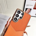 Samsung Galaxy S25 Ultra-etui, læderbeklædt PC + TPU-fingeraftryksafvisende cover med V-formet kortplads