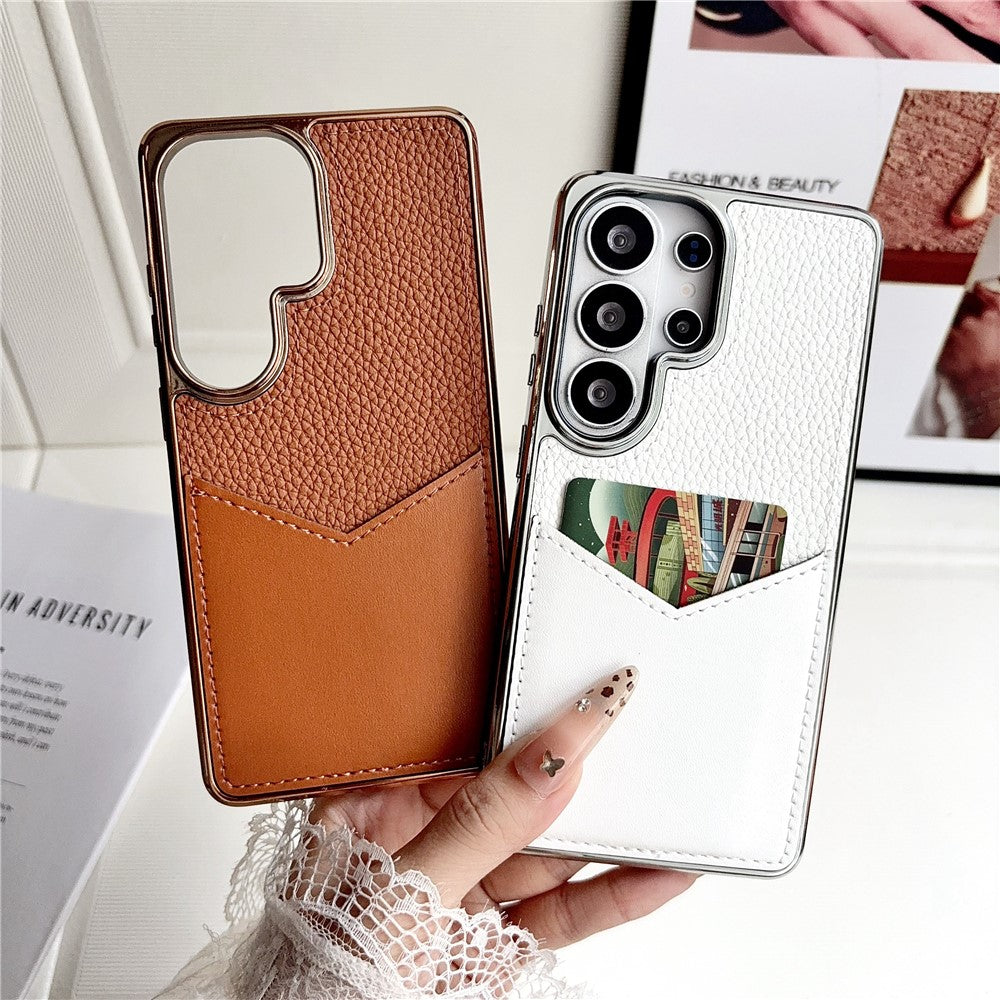 Samsung Galaxy S25 Ultra-etui, læderbeklædt PC + TPU-fingeraftryksafvisende cover med V-formet kortplads