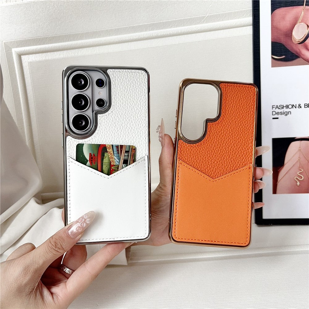 Samsung Galaxy S25 Ultra-etui, læderbeklædt PC + TPU-fingeraftryksafvisende cover med V-formet kortplads
