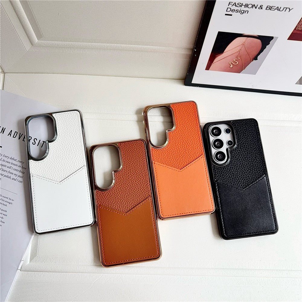Samsung Galaxy S25 Ultra-etui, læderbeklædt PC + TPU-fingeraftryksafvisende cover med V-formet kortplads