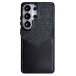 Samsung Galaxy S25 Ultra-etui, læderbeklædt PC + TPU-fingeraftryksafvisende cover med V-formet kortplads