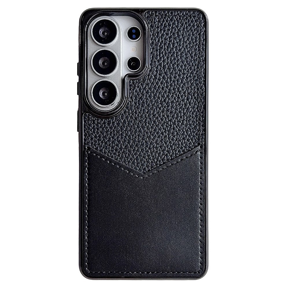 Samsung Galaxy S25 Ultra-etui, læderbeklædt PC + TPU-fingeraftryksafvisende cover med V-formet kortplads