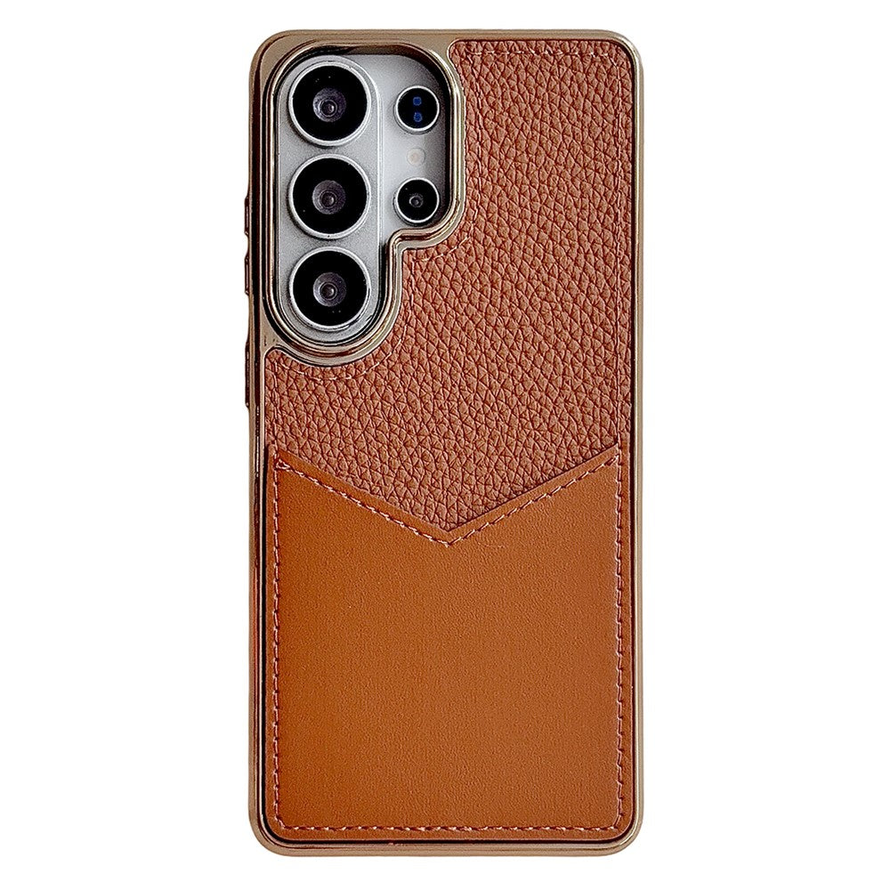 Samsung Galaxy S25 Ultra-etui, læderbeklædt PC + TPU-fingeraftryksafvisende cover med V-formet kortplads