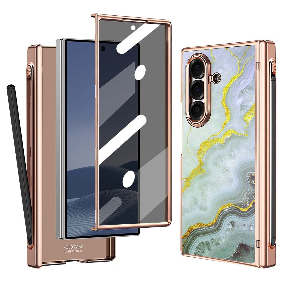 Til Samsung Galaxy Z Fold7 5G Magnetisk Etui Marmormønster Hængselbeskyttelse Telefoncover med Anti-kig-film og Stylus