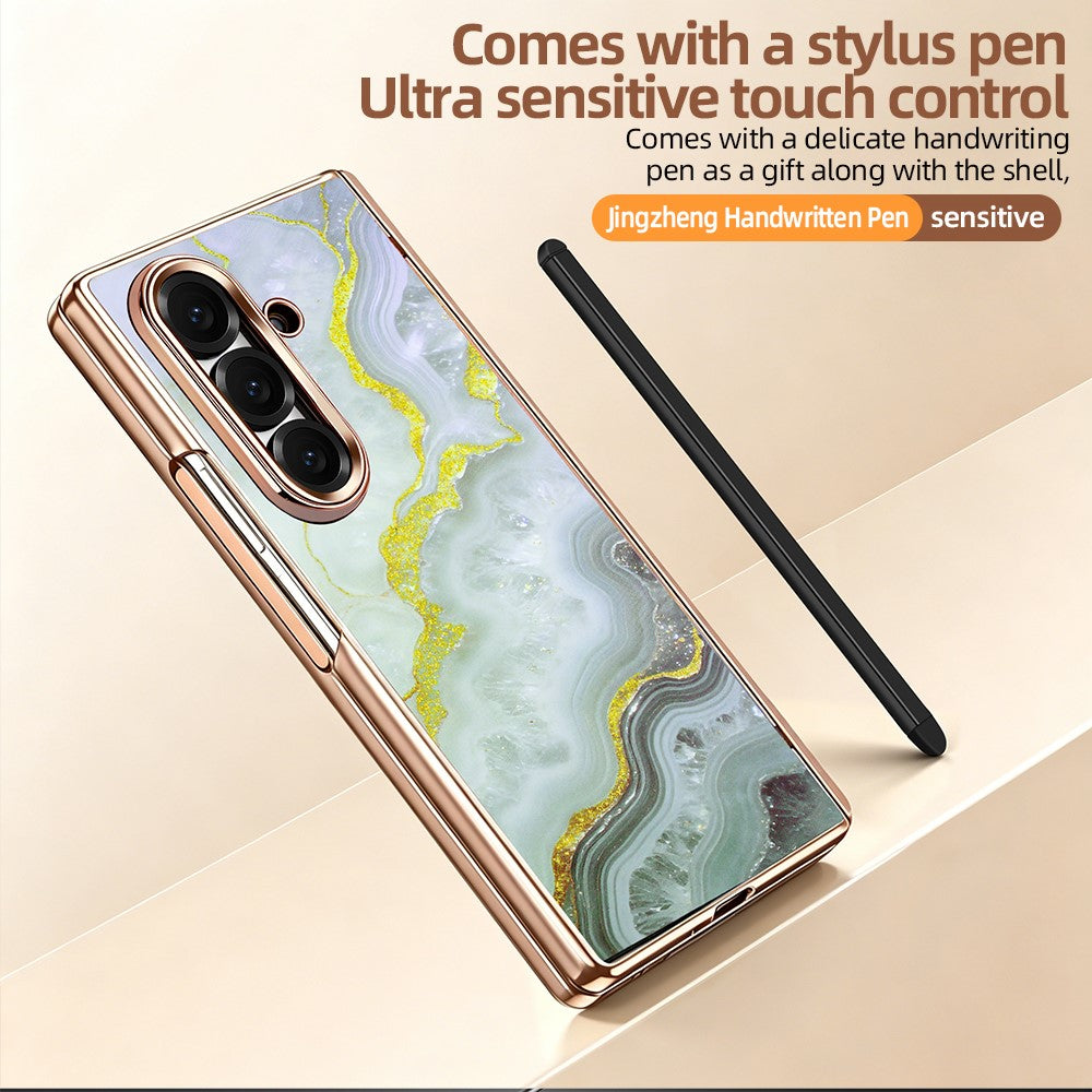 Til Samsung Galaxy Z Fold7 5G Magnetisk Etui Marmormønster Hængselbeskyttelse Telefoncover med Anti-kig-film og Stylus