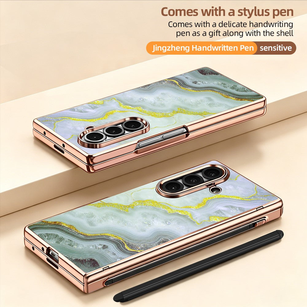 Til Samsung Galaxy Z Fold7 5G Magnetisk Etui Marmormønster Hængselbeskyttelse Telefoncover med Anti-kig-film og Stylus