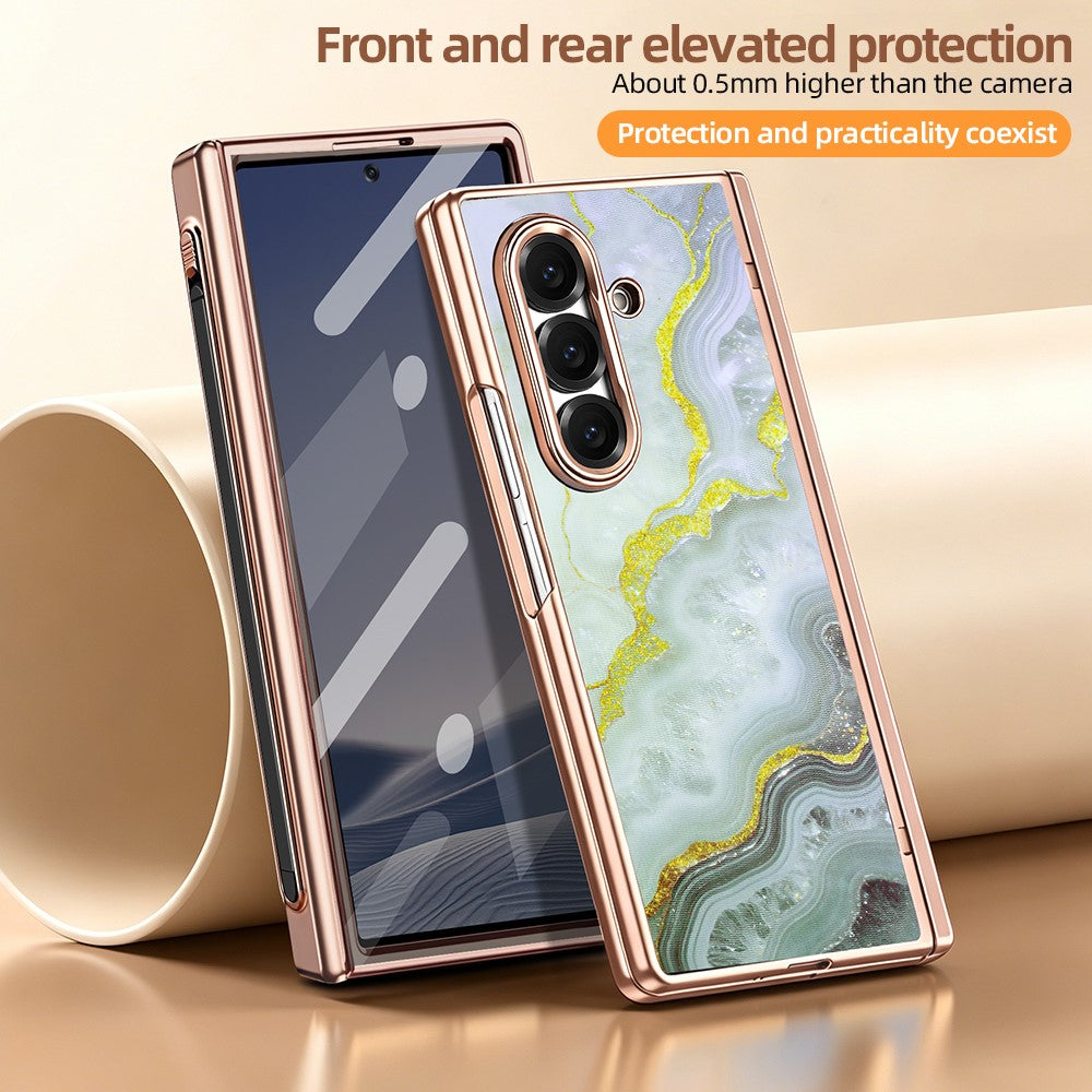 Til Samsung Galaxy Z Fold7 5G Magnetisk Etui Marmormønster Hængselbeskyttelse Telefoncover med Anti-kig-film og Stylus