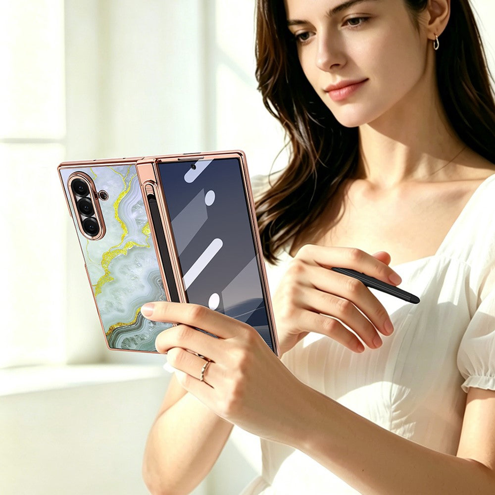 Til Samsung Galaxy Z Fold7 5G Magnetisk Etui Marmormønster Hængselbeskyttelse Telefoncover med Anti-kig-film og Stylus