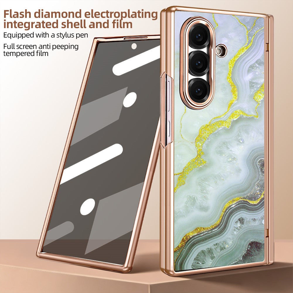 Til Samsung Galaxy Z Fold7 5G Magnetisk Etui Marmormønster Hængselbeskyttelse Telefoncover med Anti-kig-film og Stylus