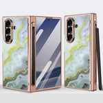 Til Samsung Galaxy Z Fold7 5G Magnetisk Etui Marmormønster Hængselbeskyttelse Telefoncover med Anti-kig-film og Stylus