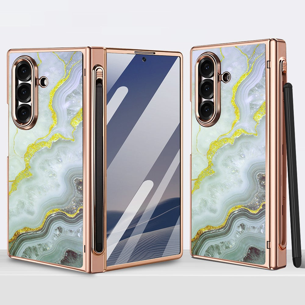 Til Samsung Galaxy Z Fold7 5G Magnetisk Etui Marmormønster Hængselbeskyttelse Telefoncover med Anti-kig-film og Stylus