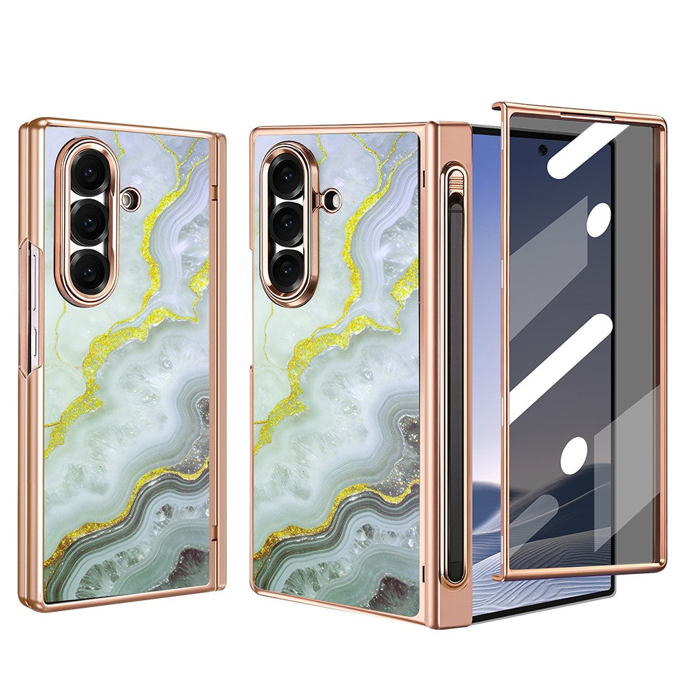 Til Samsung Galaxy Z Fold7 5G Magnetisk Etui Marmormønster Hængselbeskyttelse Telefoncover med Anti-kig-film og Stylus