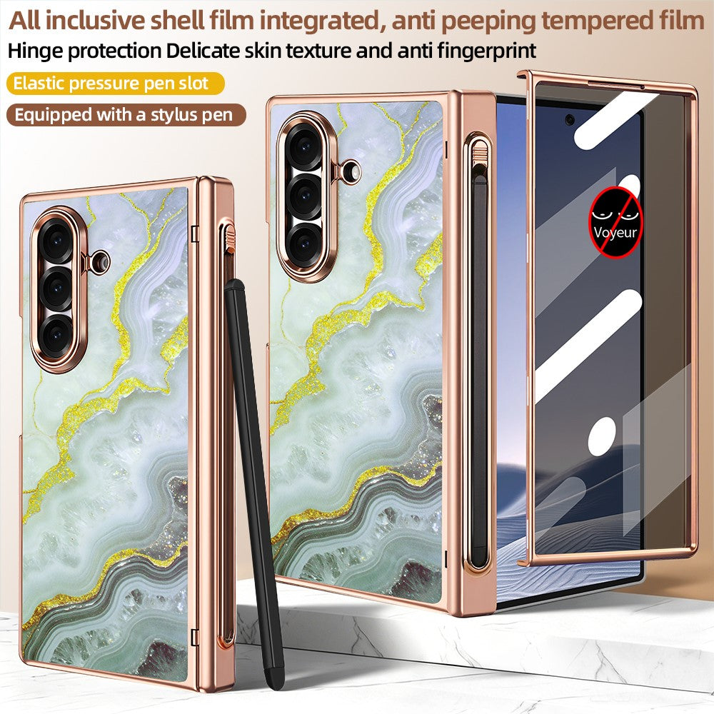 Til Samsung Galaxy Z Fold7 5G Magnetisk Etui Marmormønster Hængselbeskyttelse Telefoncover med Anti-kig-film og Stylus