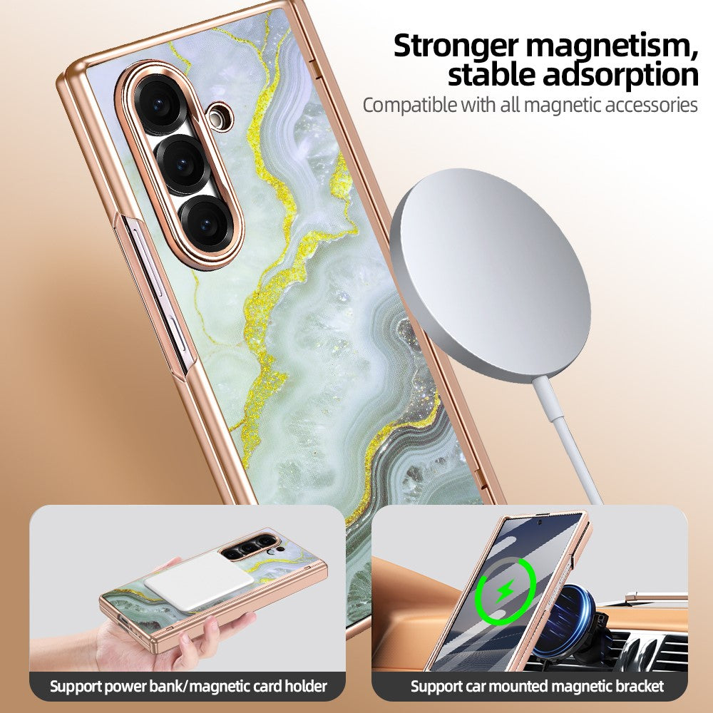 Til Samsung Galaxy Z Fold7 5G Magnetisk Etui Marmormønster Hængselbeskyttelse Telefoncover med Anti-kig-film og Stylus