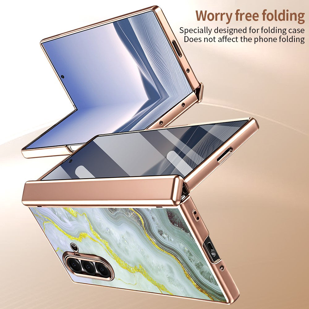 Til Samsung Galaxy Z Fold7 5G Magnetisk Etui Marmormønster Hængselbeskyttelse Telefoncover med Anti-kig-film og Stylus