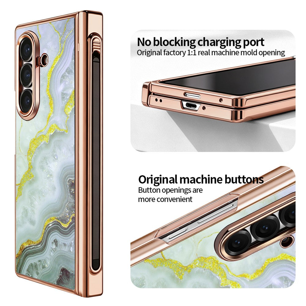 Til Samsung Galaxy Z Fold7 5G Magnetisk Etui Marmormønster Hængselbeskyttelse Telefoncover med Anti-kig-film og Stylus