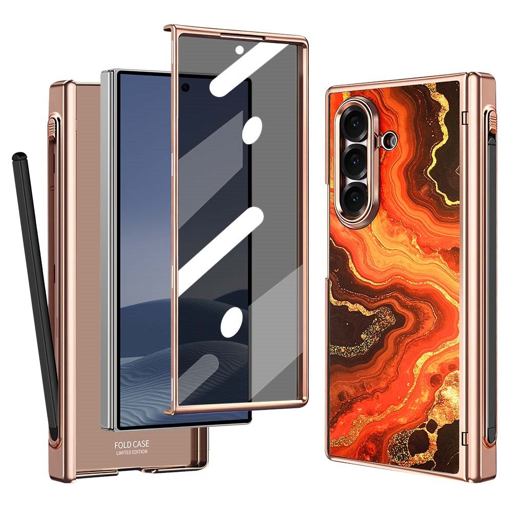 Til Samsung Galaxy Z Fold7 5G Magnetisk Etui Marmormønster Hængselbeskyttelse Telefoncover med Anti-kig-film og Stylus