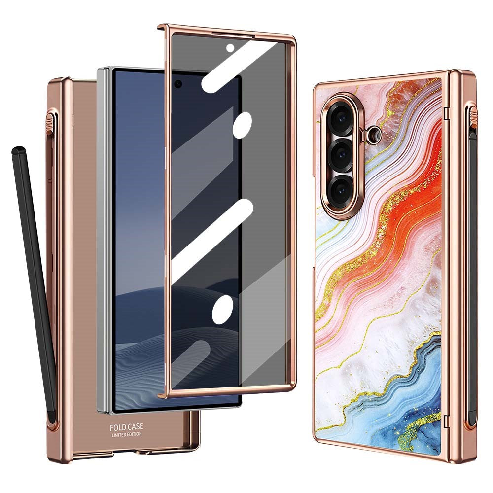 Til Samsung Galaxy Z Fold7 5G Magnetisk Etui Marmormønster Hængselbeskyttelse Telefoncover med Anti-kig-film og Stylus
