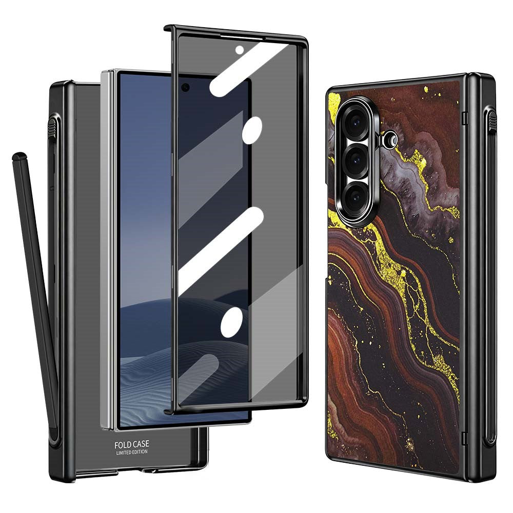 Til Samsung Galaxy Z Fold7 5G Magnetisk Etui Marmormønster Hængselbeskyttelse Telefoncover med Anti-kig-film og Stylus