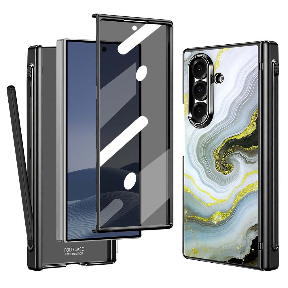 Til Samsung Galaxy Z Fold7 5G Magnetisk Etui Marmormønster Hængselbeskyttelse Telefoncover med Anti-kig-film og Stylus