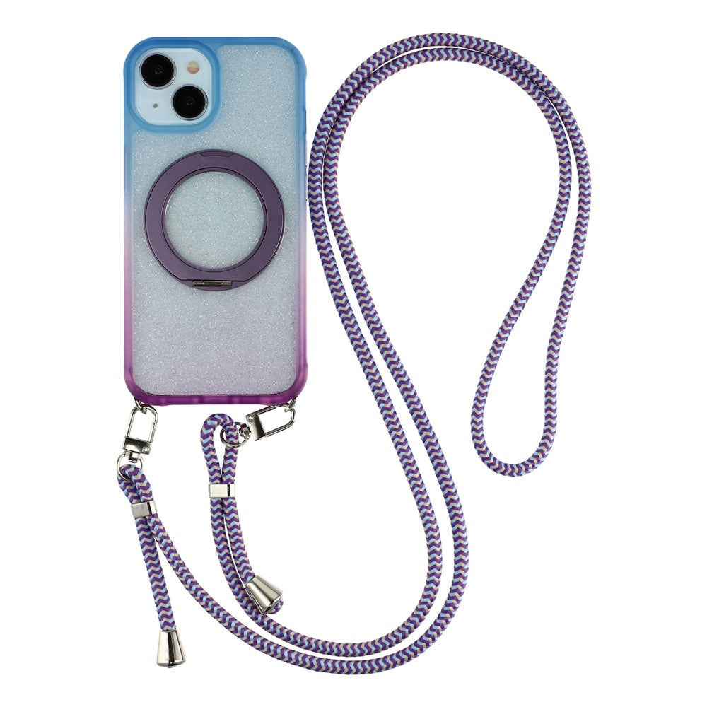 Til iPhone 13 / 14 / 15 Cover med 150 cm Snor, Ring Kickstand Gradient Glitter PC + TPU Telefoncover