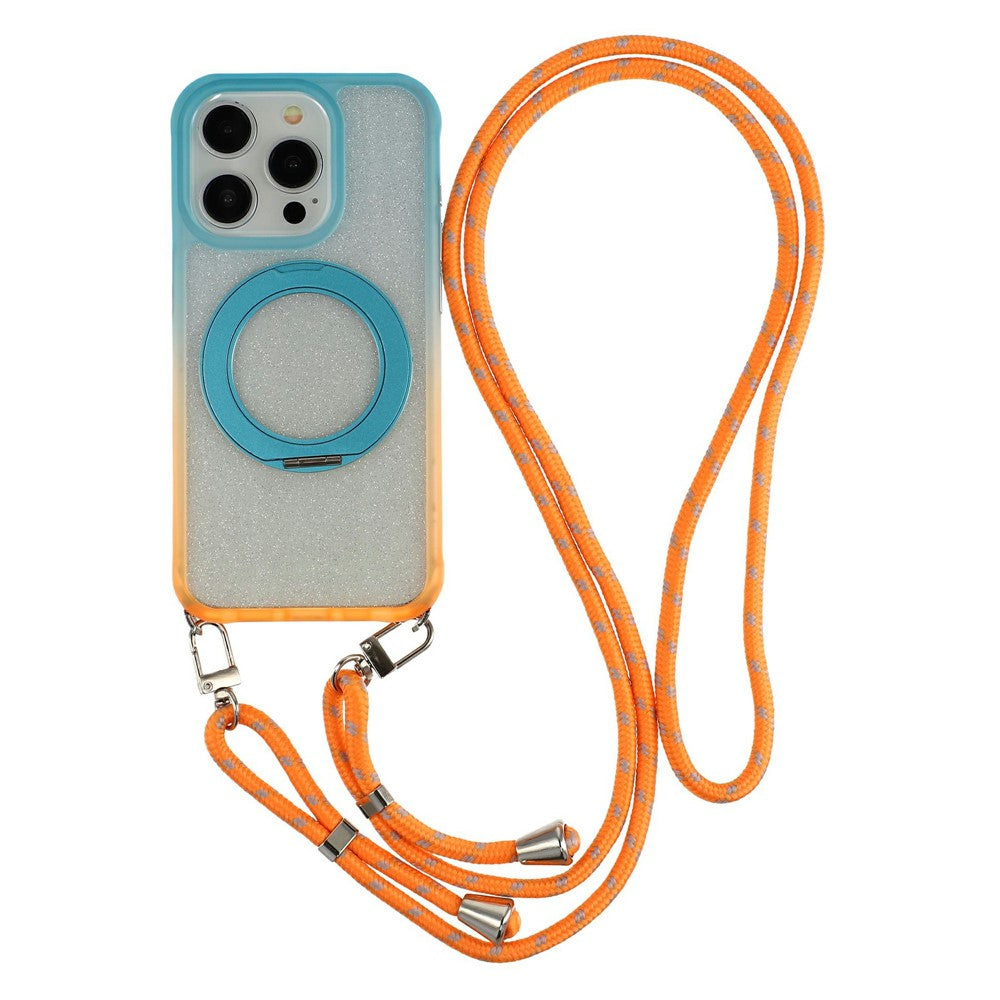 Til iPhone 15 Pro Max cover med 150 cm lanyard, ring-kickstand, gradient glimmer PC + TPU telefoncover